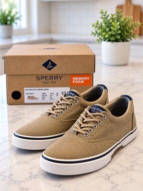 Sperry Halyard Evo Canvas Chino Men’s Sneakers Tan Memory Foam Size 10.5 NIB